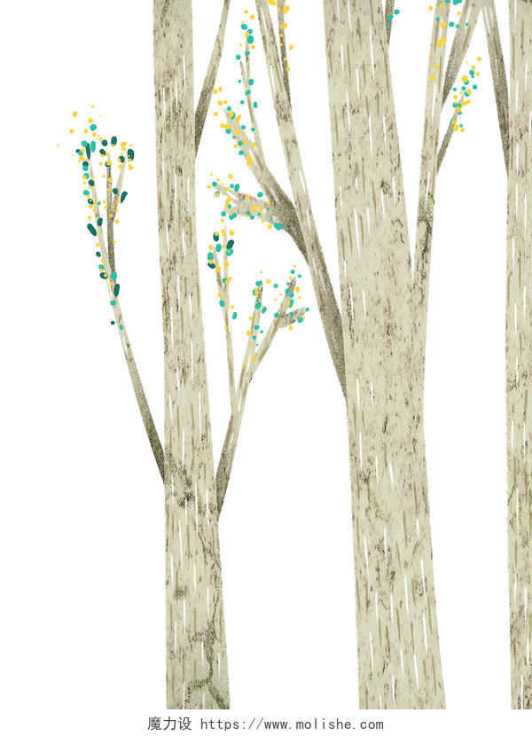 彩色手绘卡通树干树枝树秋天元素PNG素材